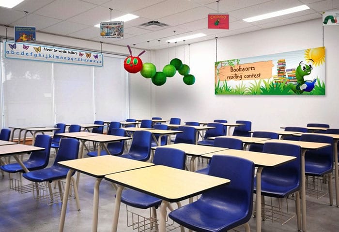 Ceiling displays hung on a classroom ceiling with ceiling display solutions from Ceiling Outfitters